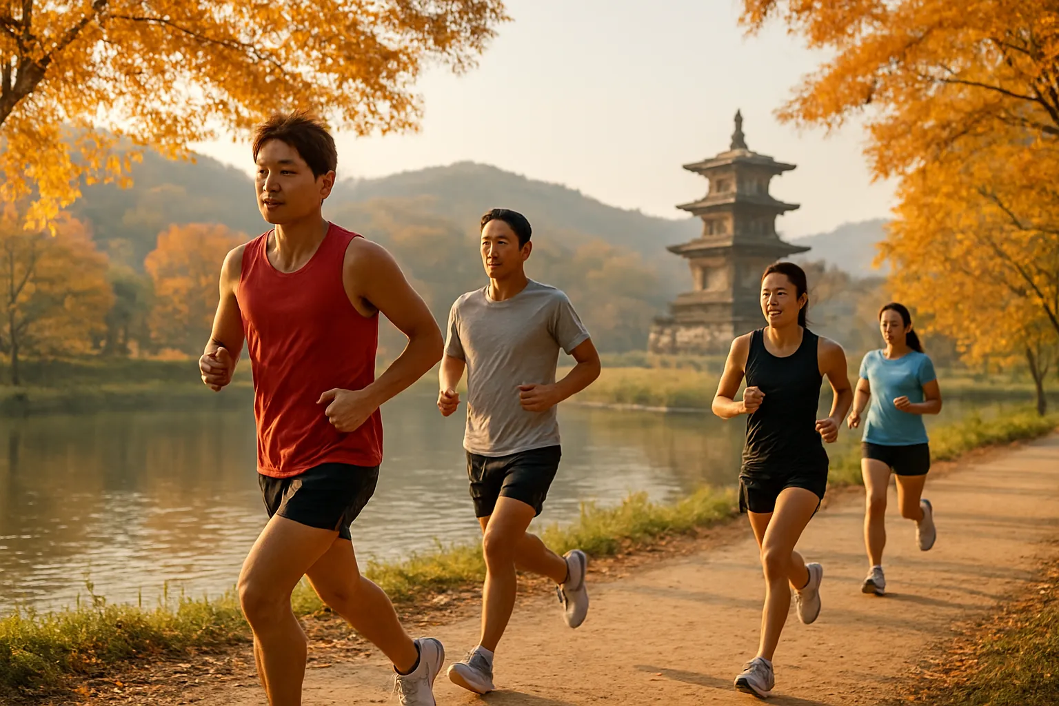 강변 길을 달리는 마라톤 참가자들