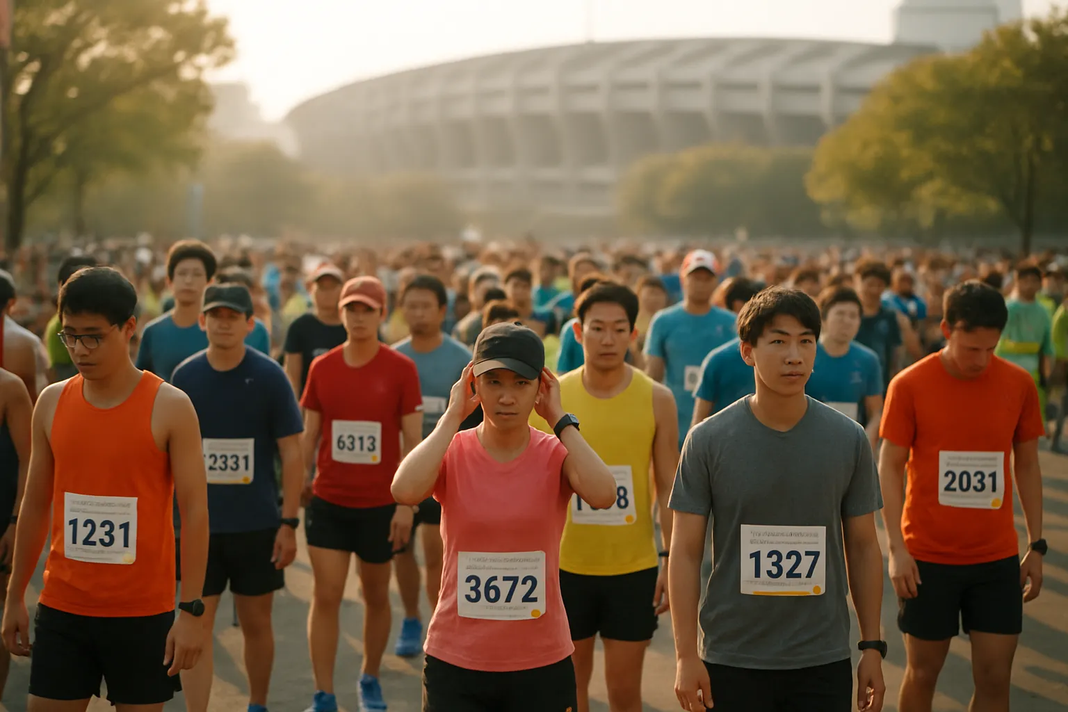 잠실종합운동장 출발선에서 준비하는 10km 참가자들