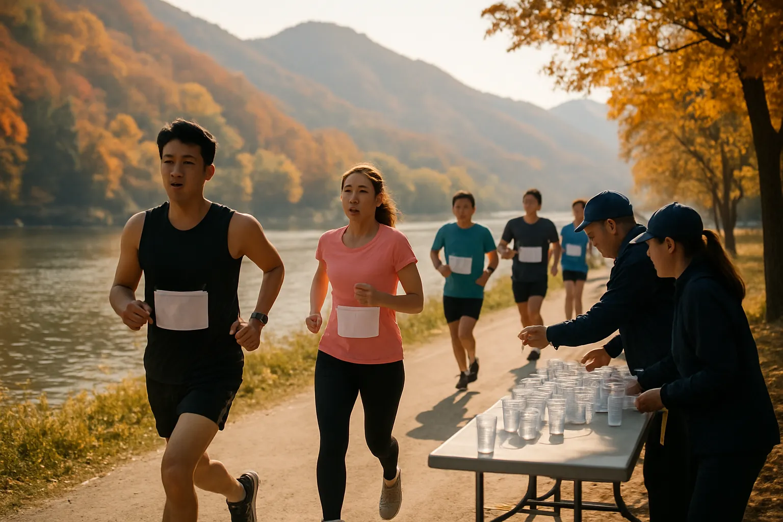 동강변 코스에서 달리는 마라톤 참가자들