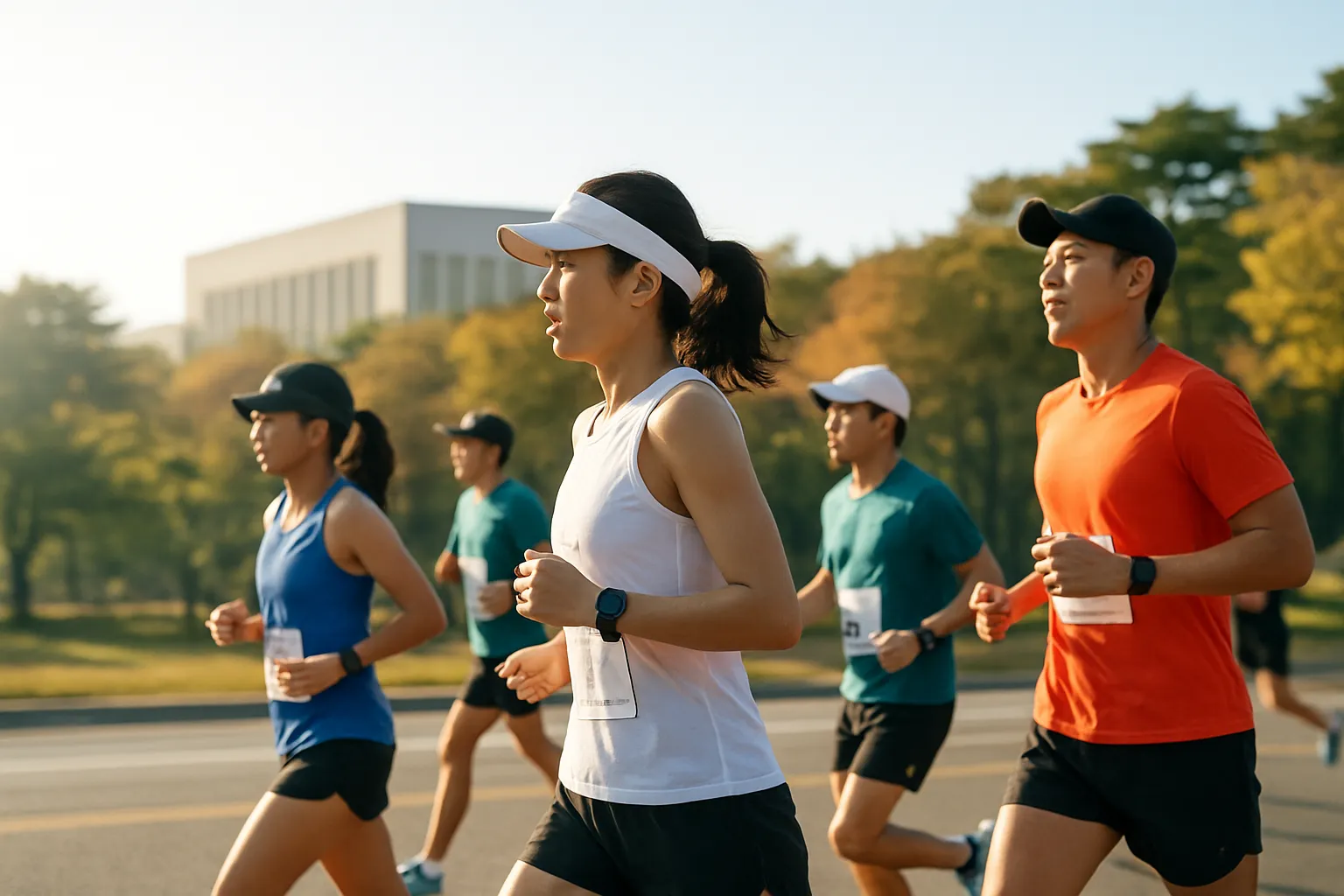 경북도청 신도시 마라톤 코스의 도로를 달리는 러너들