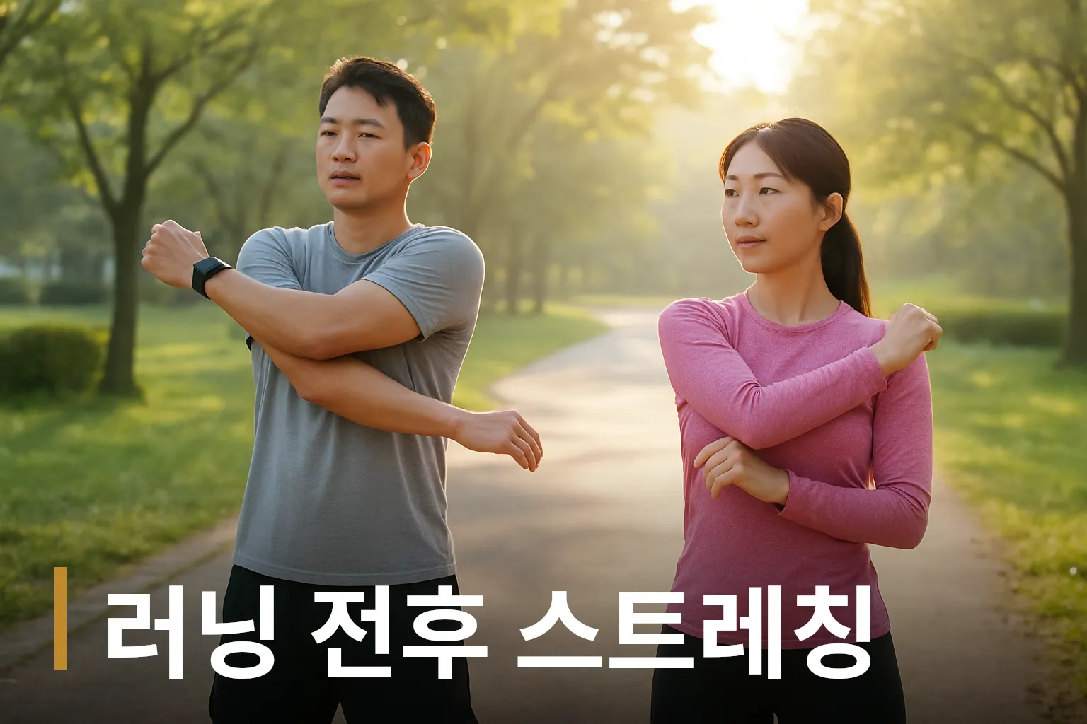 아침에 공원에서 스트레칭하는 러너