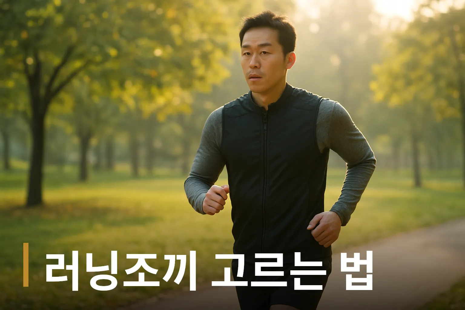초경량 러닝조끼를 착용한 러너가 아침 공원에서 달리는 모습