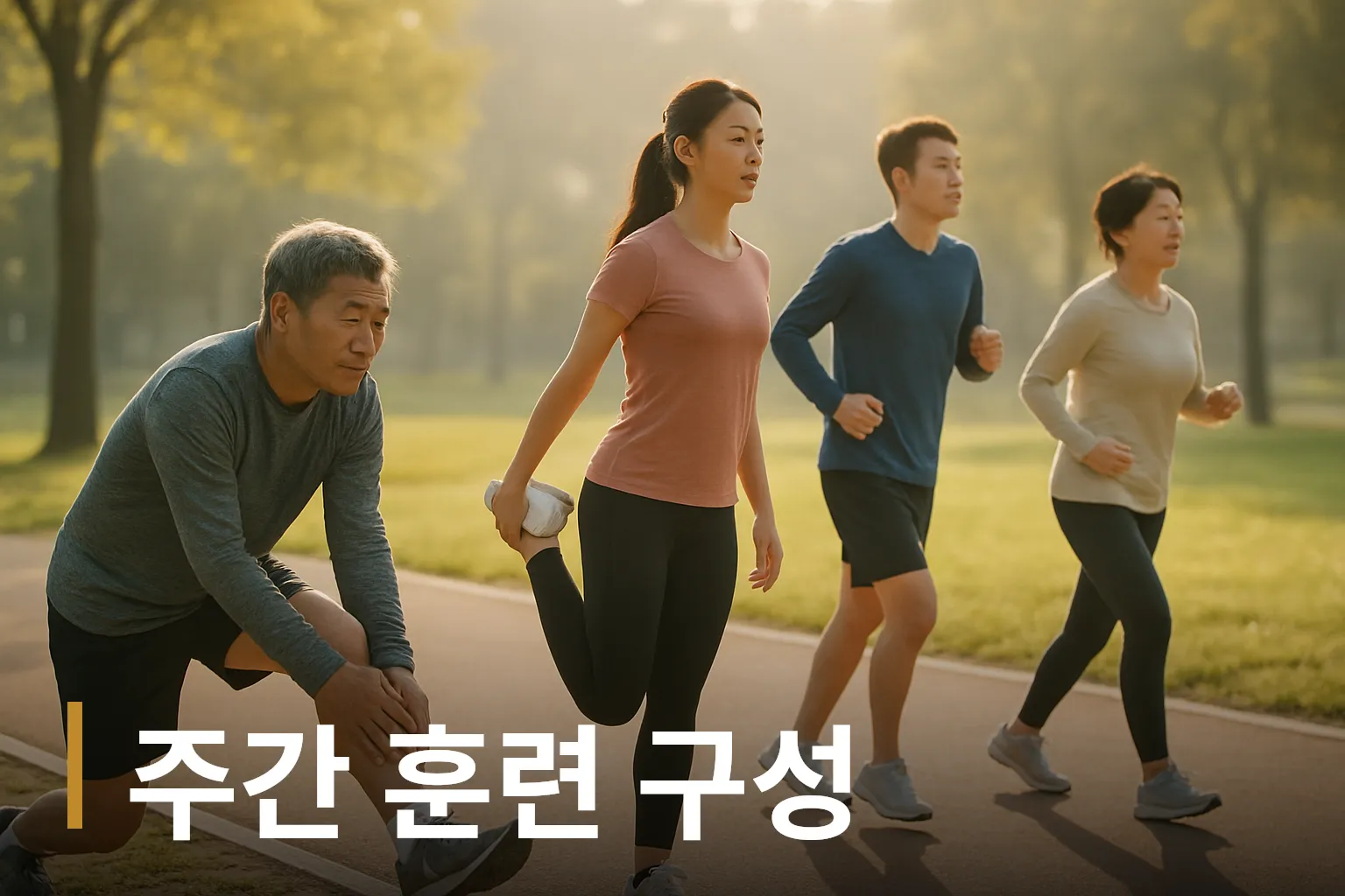 공원에서 준비 운동하는 여러 명의 러너