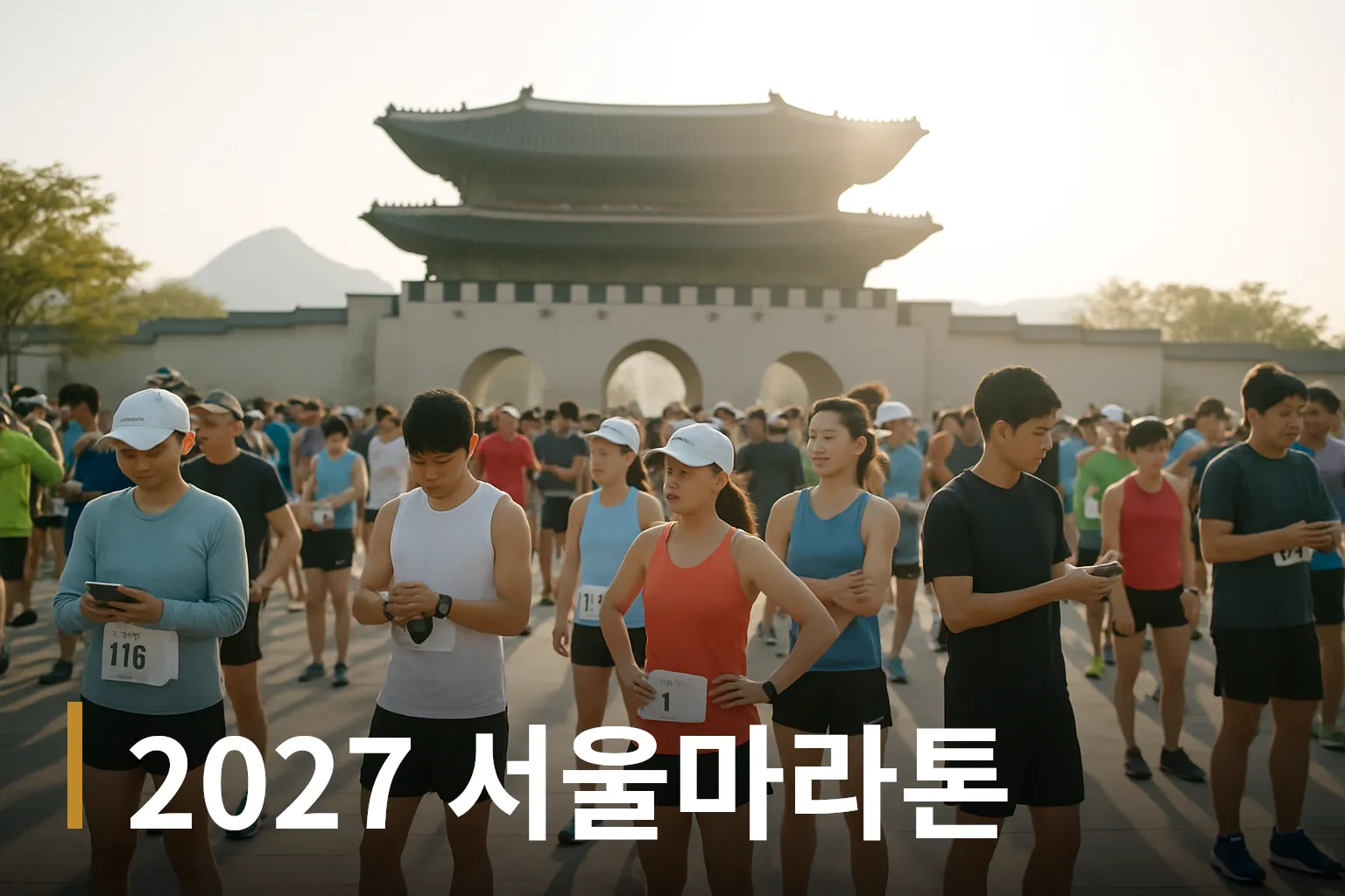 광화문광장에 모여 준비하는 마라톤 참가자들 모습