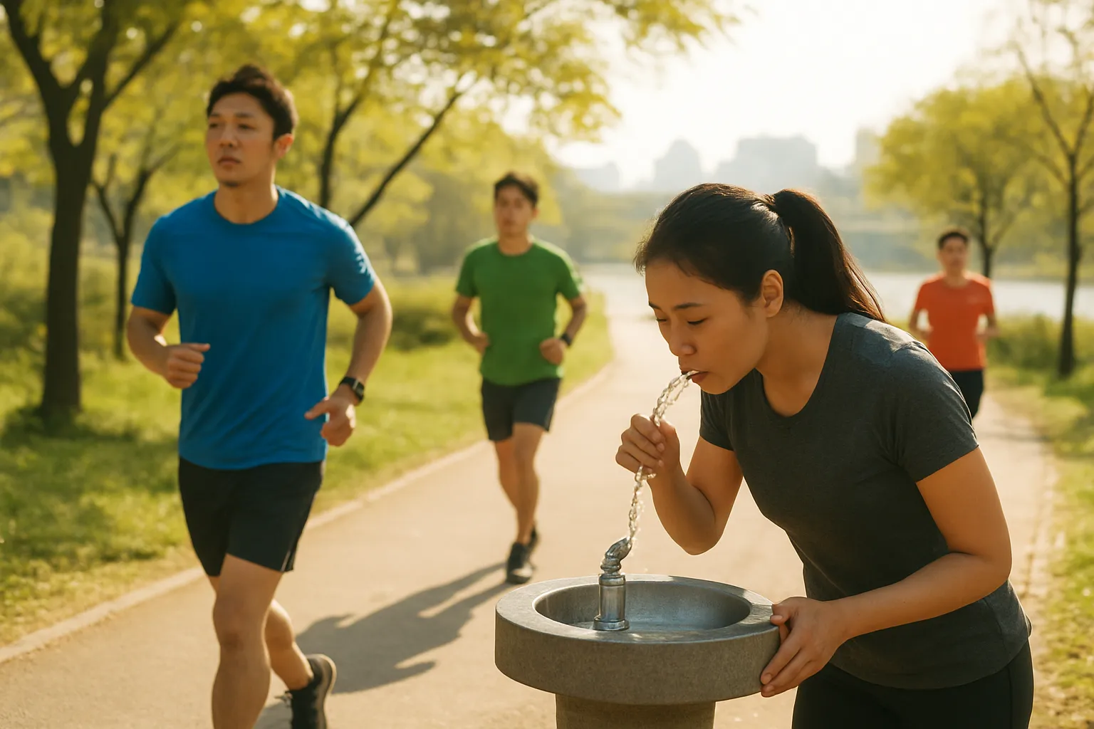 마라톤 코스에서 급수대를 이용하는 참가자