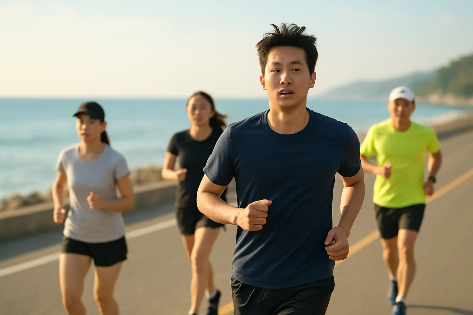 해변 도로를 달리는 러너들
