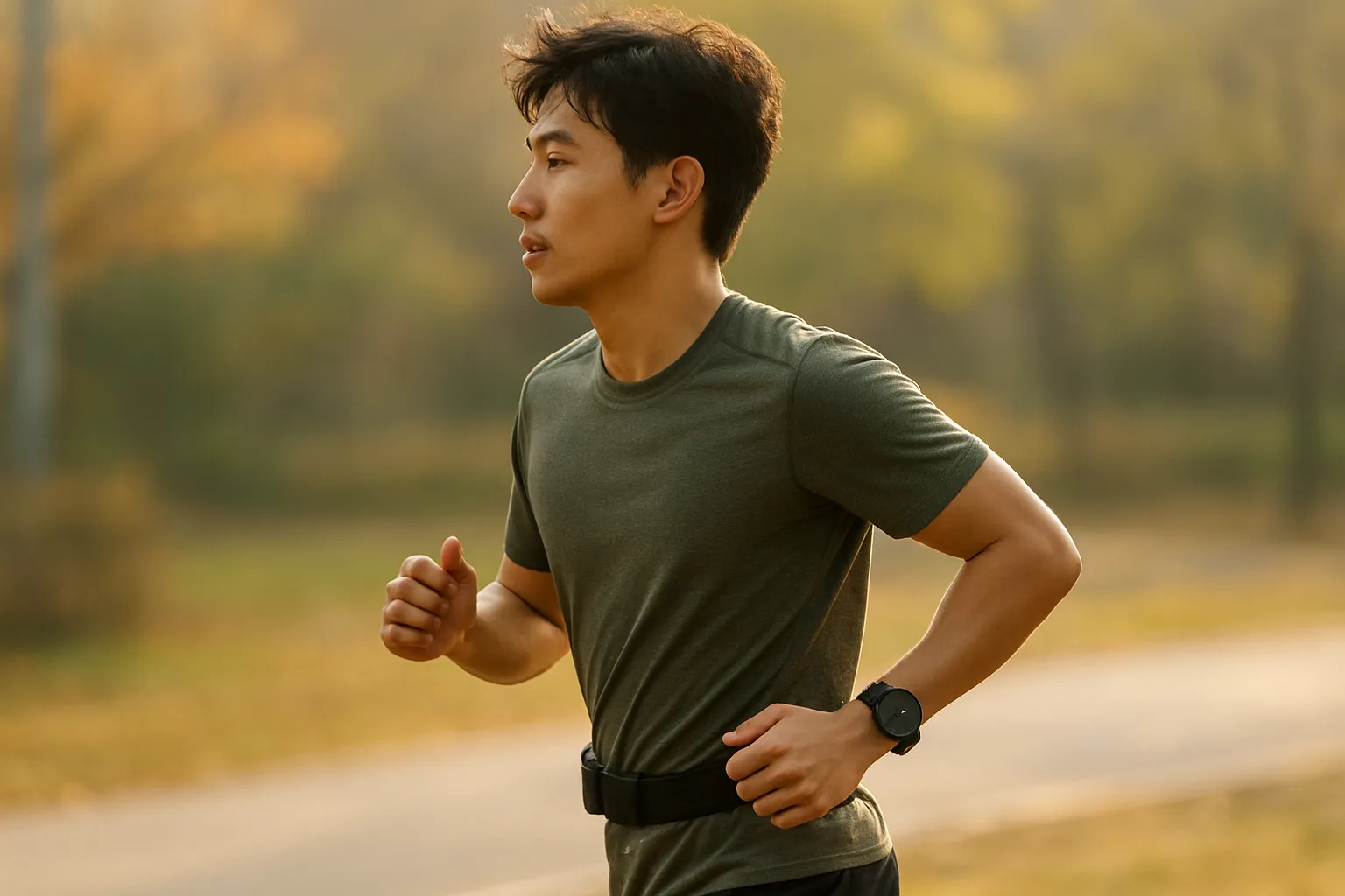 가민 웨어러블과 러닝벨트를 착용한 러너