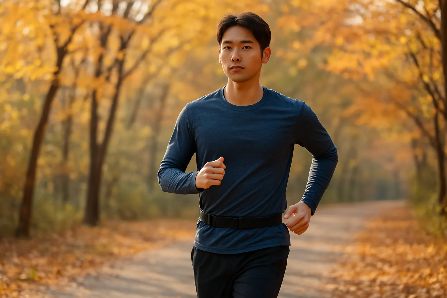 러닝벨트를 착용한 남성 러너의 조깅 장면