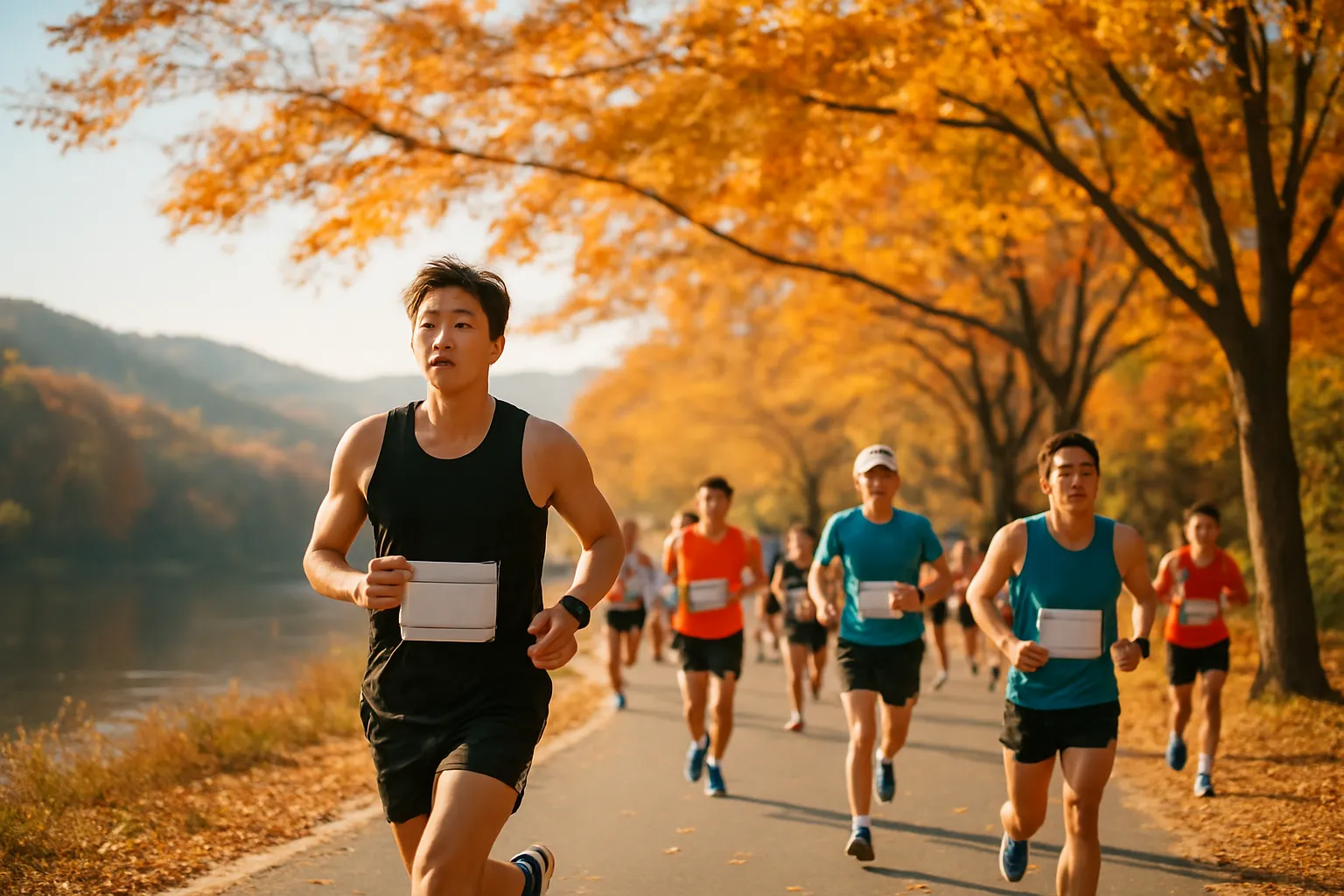 가을 풍경 속 춘천마라톤 풀코스 경로를 달리는 선수들