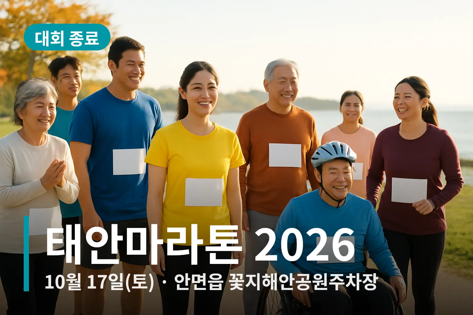 해안가 출발선에 서 있는 마라톤 참가자들