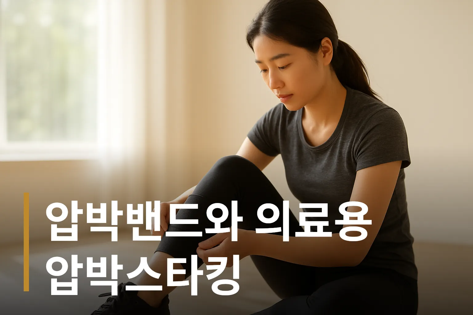 종아리 압박밴드를 착용하는 모습