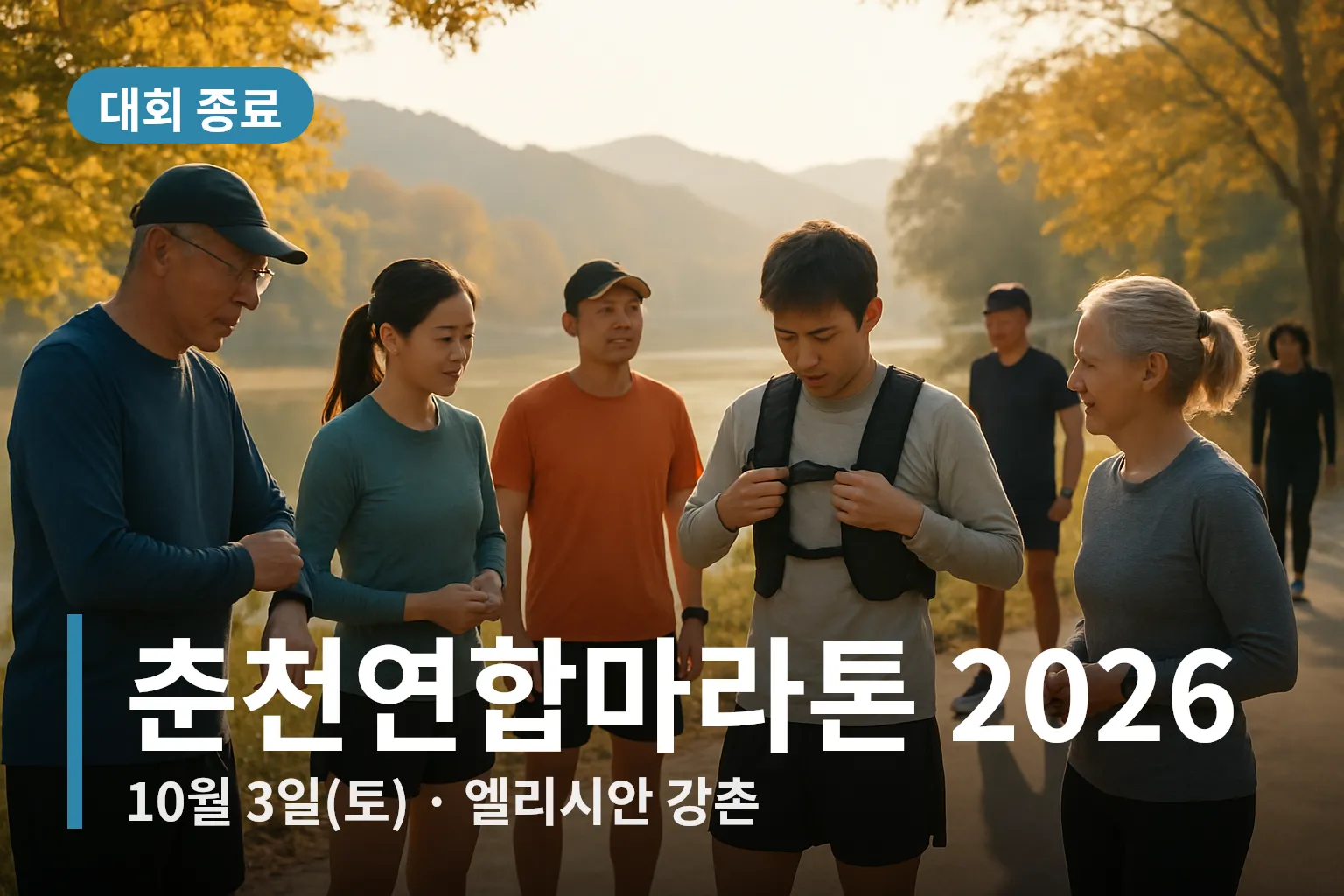 가을 강촌 강변에서 출발 대기 중인 마라톤 참가자들