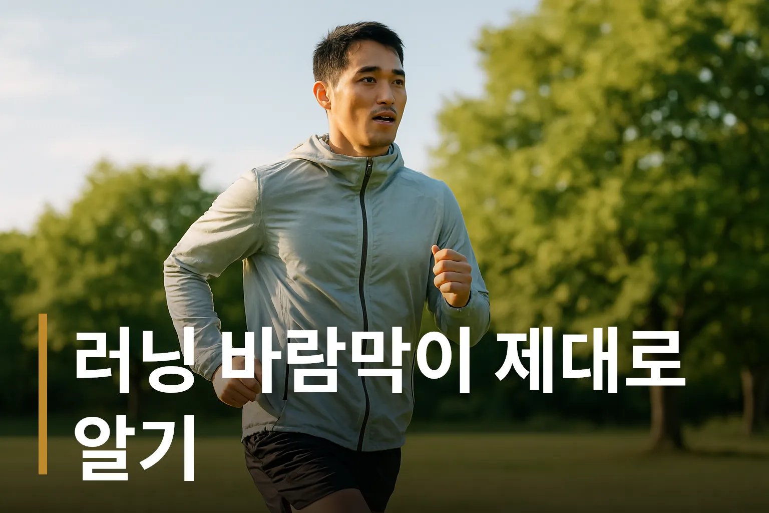 야외에서 러닝 바람막이를 입고 달리는 사람